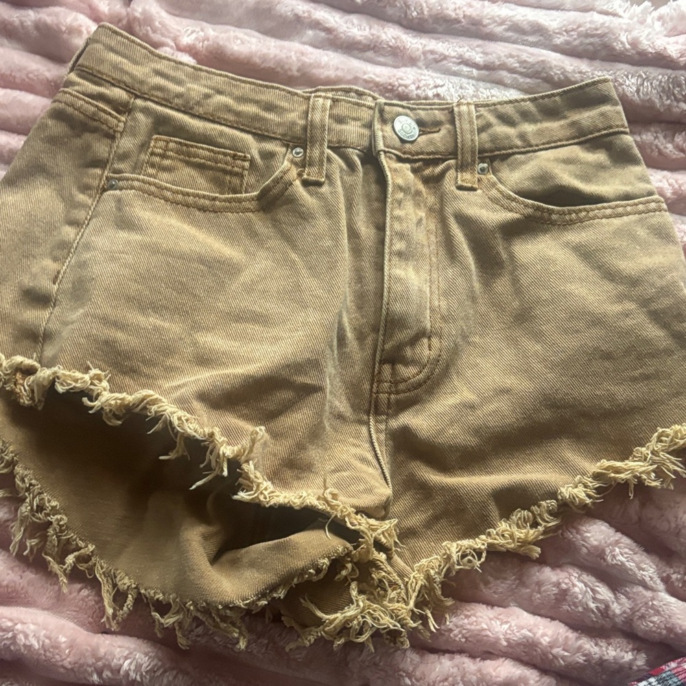 Tan Frayed Hem Women Shorts